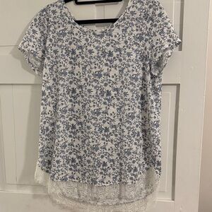 Lauren Conrad Floral Lace Hem Top - Blue and White